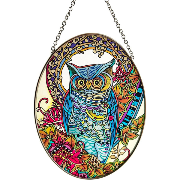 Colorful Stained Glass Owl Panel With Chain - 7" x 5" Oval