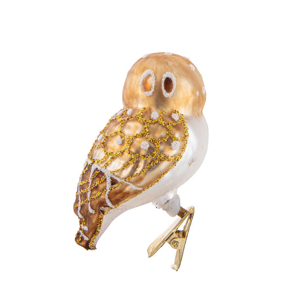 gold clip blown glass owl ornament back