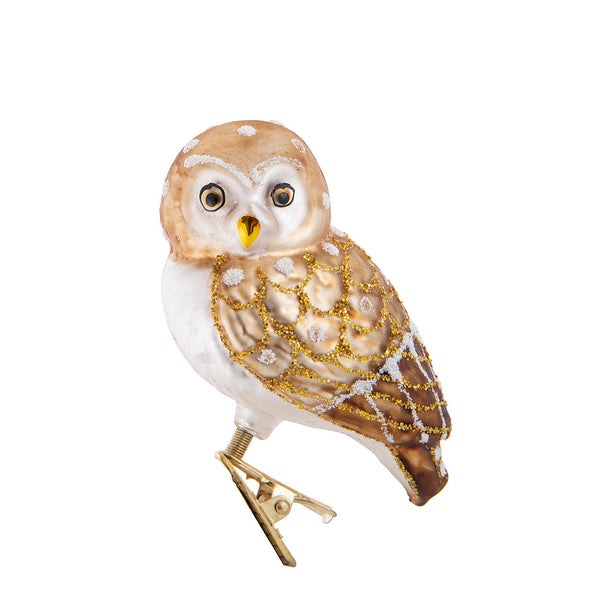 gold clip blown glass owl ornament front