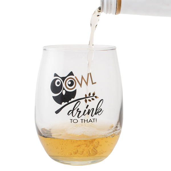 Owl Aisle™ Owl Drink To That Stemless Wine Glass with Gift Box