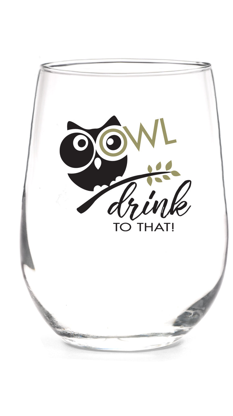 Owl Aisle™ Owl Drink To That Stemless Wine Glass with Gift Box